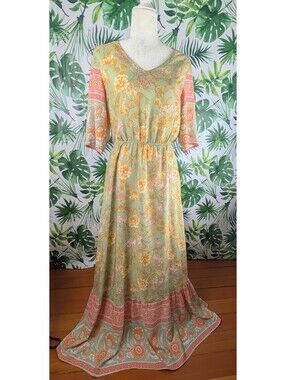 Shein Green & Peach Floral V-Neck Maxi Dress (Size: Medium)